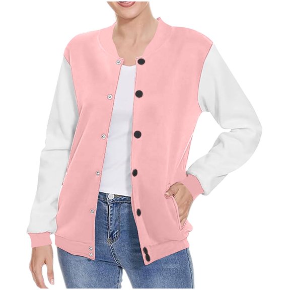 Windbreaker Jacket Women Plus Size New Women Casual Button down Cardigan Coat Fall Color Block Long Sleeve Baseball Jackets Outerwear with Pocket Pinky S