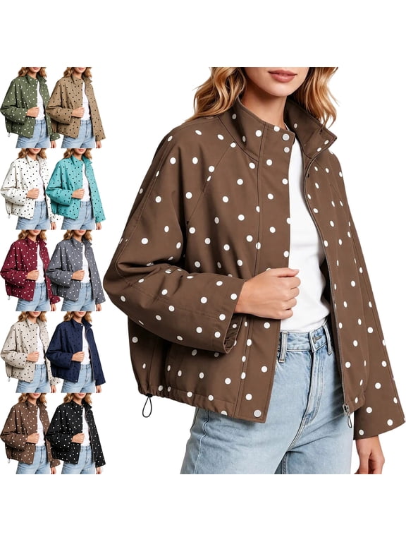 Windbreaker Jacket Women Polka Dot Stand Collar Full Zip Drawstring Hem Coat, Casual Outerwear Jacket for Travel