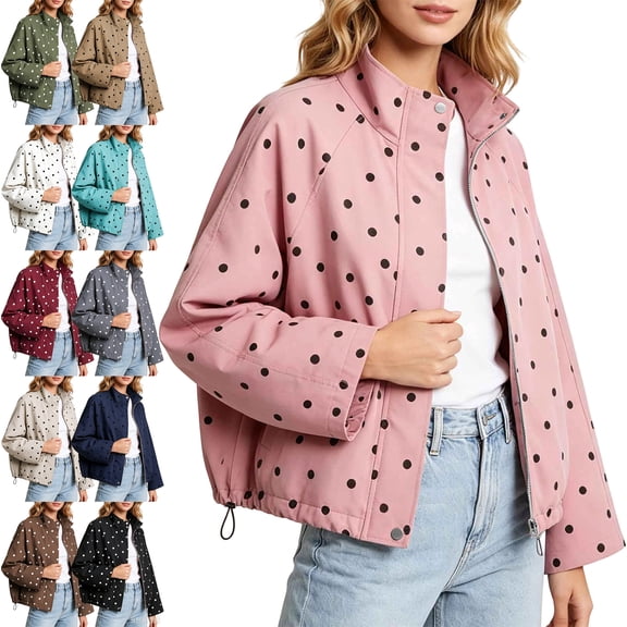 Windbreaker Jacket Women Polka Dot Stand Collar Full Zip Drawstring Hem Coat, Casual Outerwear Jacket for Travel