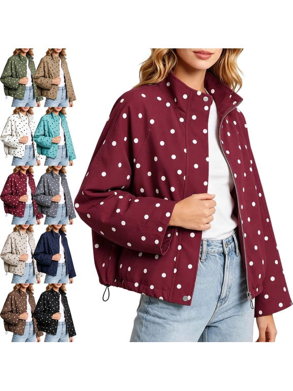 Windbreaker Jacket Women Polka Dot Stand Collar Full Zip Drawstring Hem Coat, Casual Outerwear Jacket for Travel