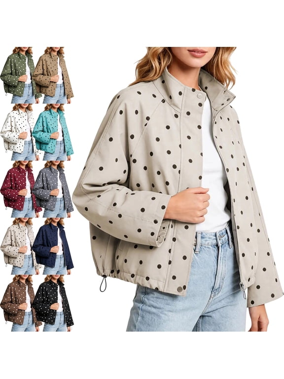 Windbreaker Jacket Women Polka Dot Stand Collar Full Zip Drawstring Hem Coat, Casual Outerwear Jacket for Travel