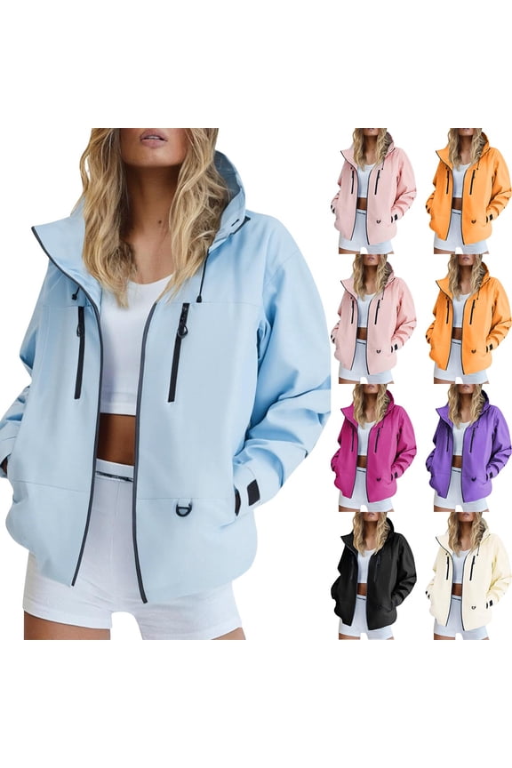 Windbreaker Jacket Women Waterproof Hooded Zip Up Long Sleeve Cardigan Outdoor Hiking Coat With Pockets (XL, Light Blue)