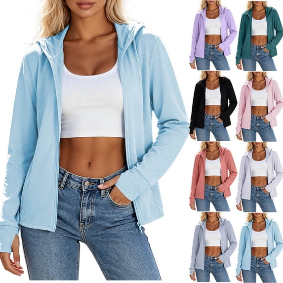 Windbreaker Jacket for Spring And Fall Women Solid Color Hooded Pocket Zip Sun Protection Casual Long Sleeve Top Pink M