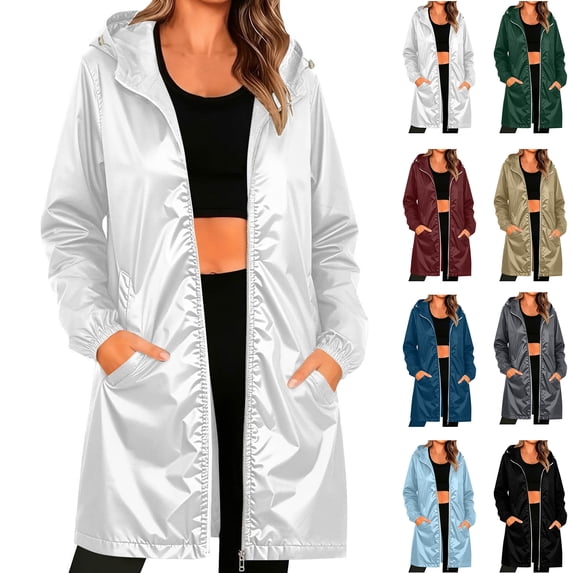 Windbreaker Jacket for Women Fashion Outerwear Solid Color Winter Rainproof Hooded Long Sleeve Raincoat Jacket XL