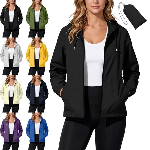 Windbreaker Jacket for Women Packable Full Zip Hooded Water Resistant Windproof Long Sleeve Casual Everyday Rain Jacket with Pockets