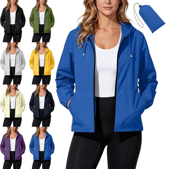 Windbreaker Jacket for Women Packable Full Zip Hooded Water Resistant Windproof Long Sleeve Casual Everyday Rain Jacket with Pockets