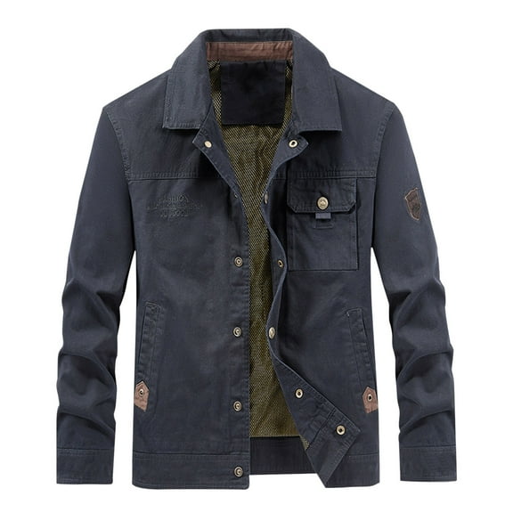 Windbreaker Jackets For Men Cargo Outdoor Pocket Plus Size Lapel Straight Jacket,Dark Blue,L