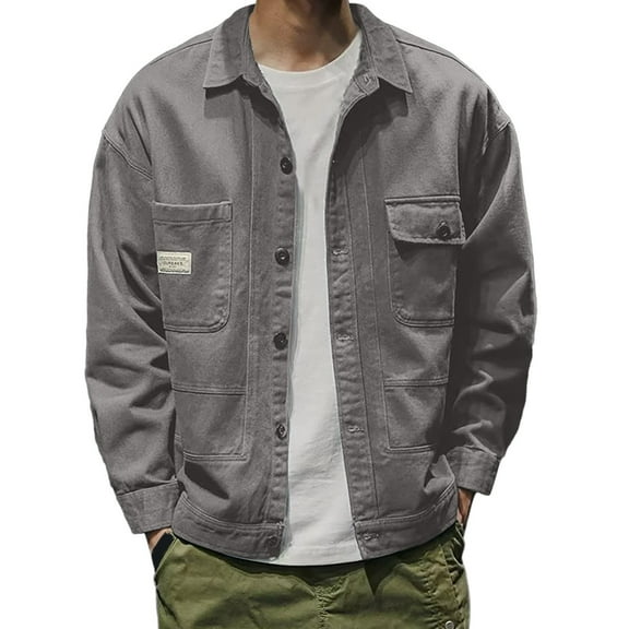 Windbreaker Jackets For Men Casual Retro Slim Fit Button Down Pockets Mens Workout Jacket,Grey,L