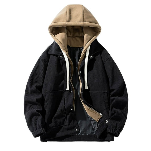 Windbreaker Jackets For Men Fashion Casual Fales Two Piece Hooded Corduroy Long Sleeved Straight Jacket,Black,L
