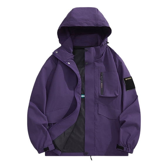 Windbreaker Jackets For Men Hooded Front Zip Windproof Waterproof Outdoor Casual Cargo Outwear With Pockets (5XL, Purple)