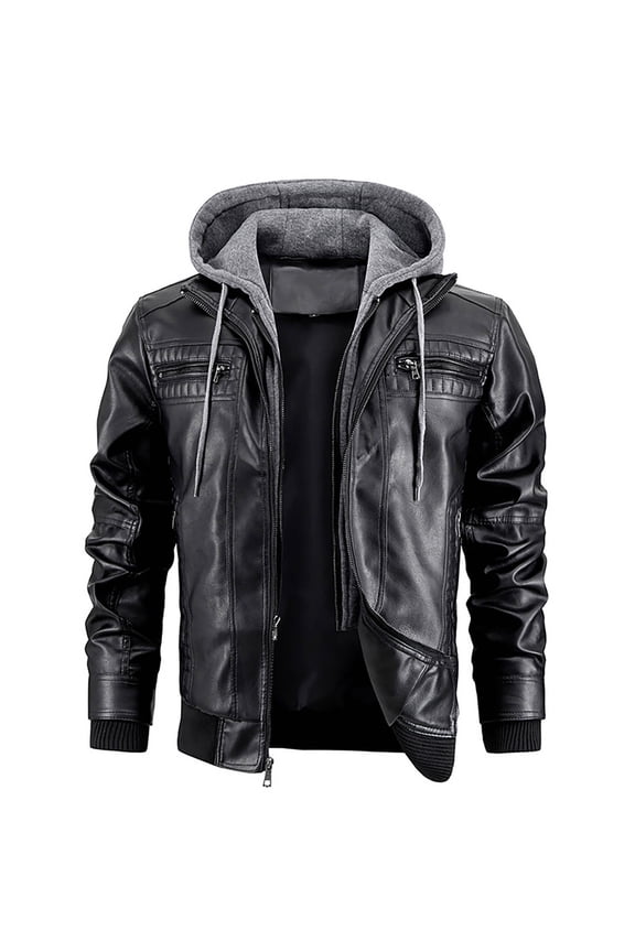 Windbreaker Jackets For Men Pu Hooded Outdoor Casual Leather Style Bussiness Coat Men,Black,3XL