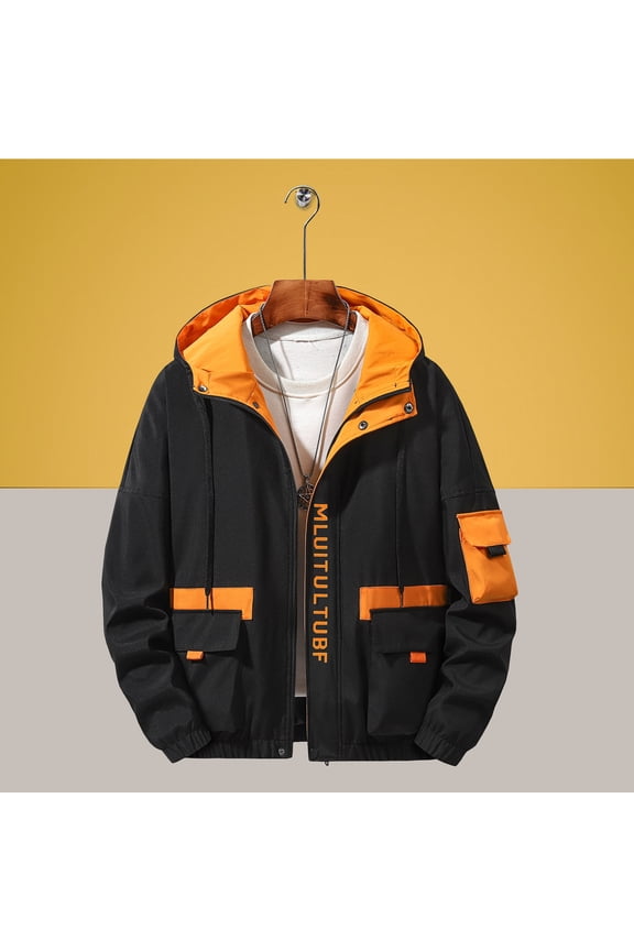 Windbreaker Jackets for Men Color Block Hooded Cargo Street Jacket Light Water Resistant Multi Flap Pockets Snap Zip Front Casual Fashion Coat Black XL