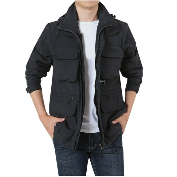 Windbreaker Jackets for Men Man Multi-function Interchange Jacket Outdoors Mountaineering Athletic Wear Detachable Sleeves Detachable Hat Easy Coat Top Men's Windbreakers Black 4XL