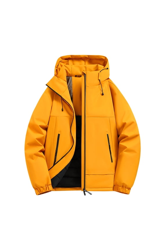 Windbreaker Jackets Mens Full-zip Waterproof Windproof Thicken Hooded Raincoat Zipper Pockets Outdoors Sport Coat (XL, Yellow)