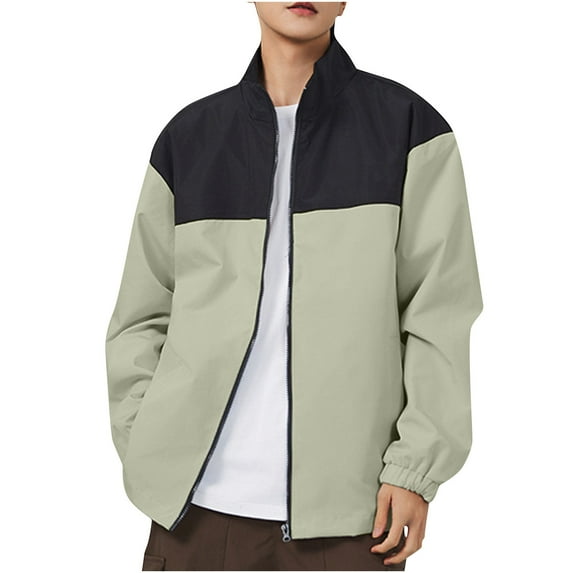 Windbreaker Jackets for Men Big And Tall Color Block Stand Collar Coats with Pockets Full Zip Long Sleeve Outerwear (Army Green L)