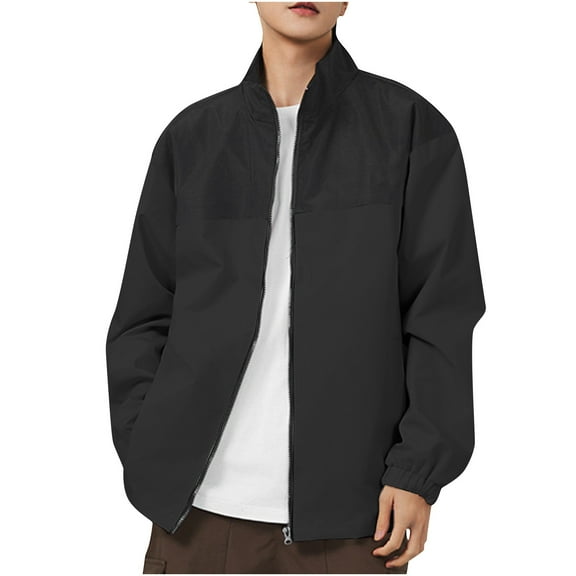 Windbreaker Jackets for Men Big And Tall Color Block Stand Collar Coats with Pockets Full Zip Long Sleeve Outerwear (Black 2XL)
