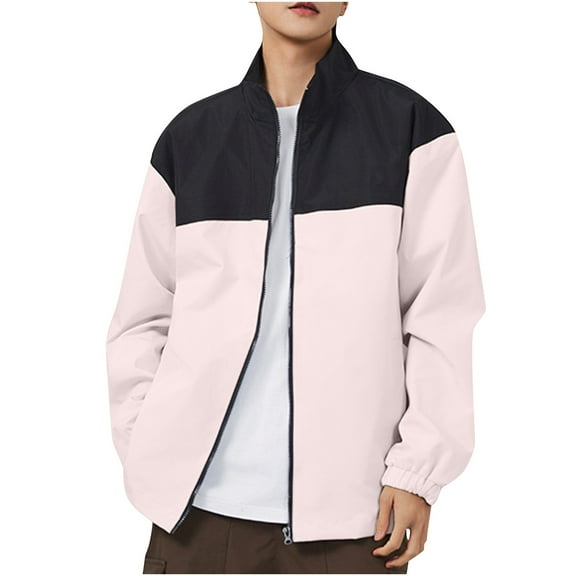 Windbreaker Jackets for Men Big And Tall Color Block Stand Collar Coats with Pockets Full Zip Long Sleeve Outerwear (Pink 3XL)