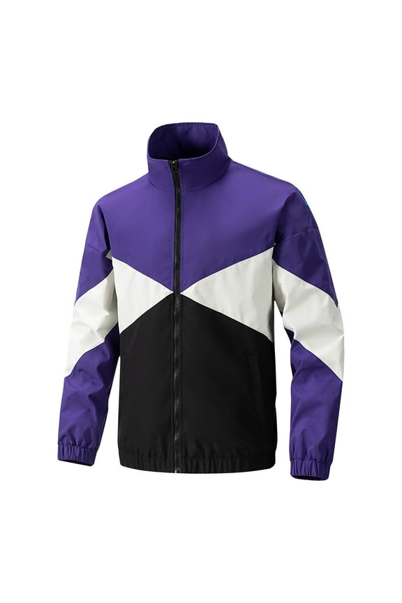 Windbreaker Jackets for Men Big And Tall Color Block Stand Collar Coats with Pockets Full Zip Long Sleeve Outerwear (Purple M)