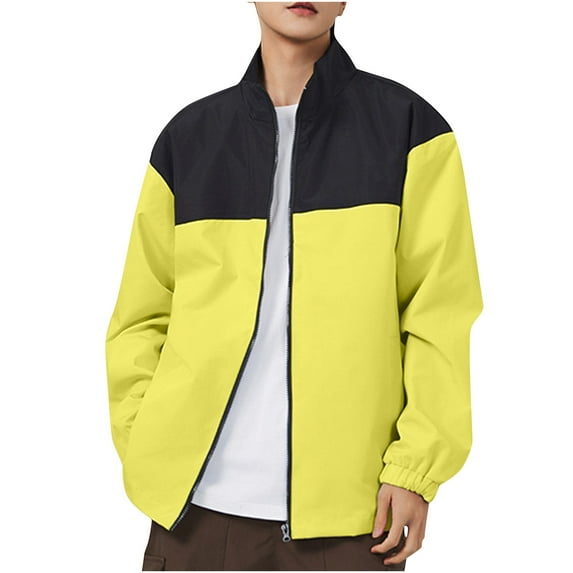 Windbreaker Jackets for Men Big And Tall Color Block Stand Collar Coats with Pockets Full Zip Long Sleeve Outerwear (Yellow M)