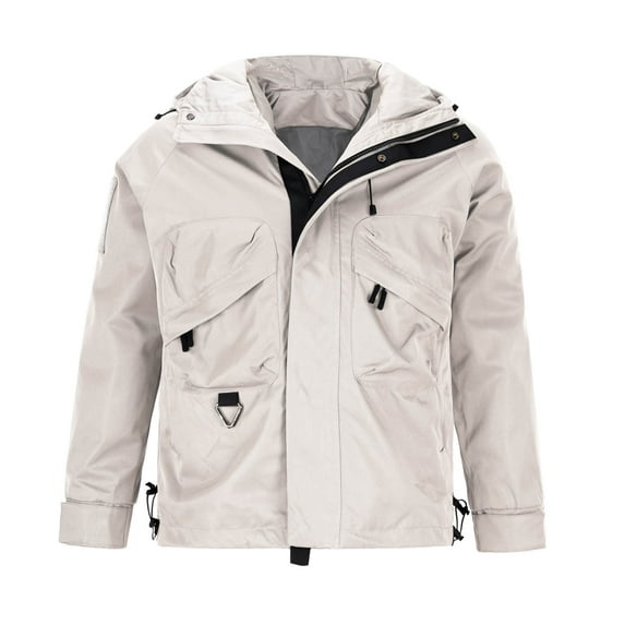 Windbreaker Jackets for Men Casual Solid Multi Pocket Hooded Zipper Keep Warm Long Sleeve Men's Windbreakers Beige 4XL