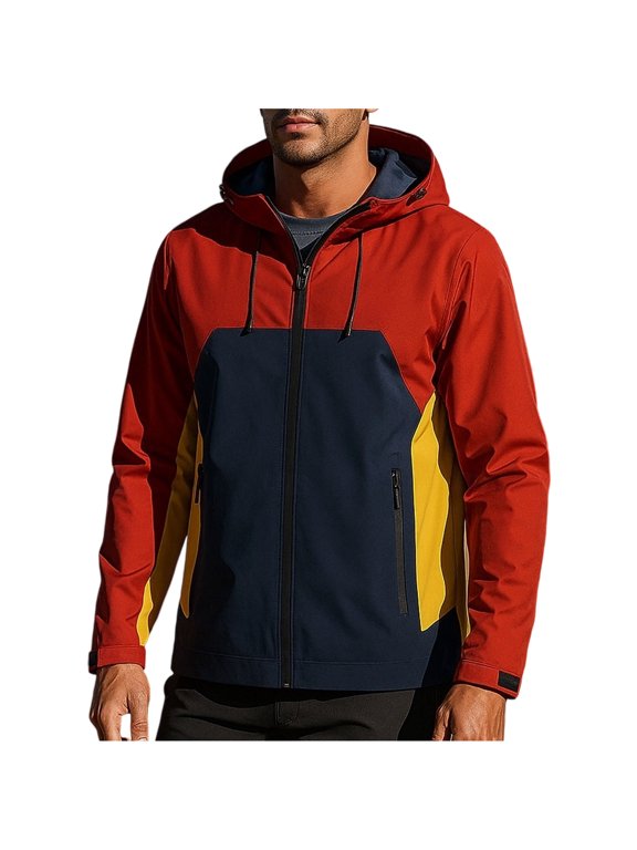 Windbreaker Jackets for Men Color Block Hooded Hard Shell Hiking Jacket Waterproof Diagonal Zipper Pockets Quick Dry Travel Coat Red XL