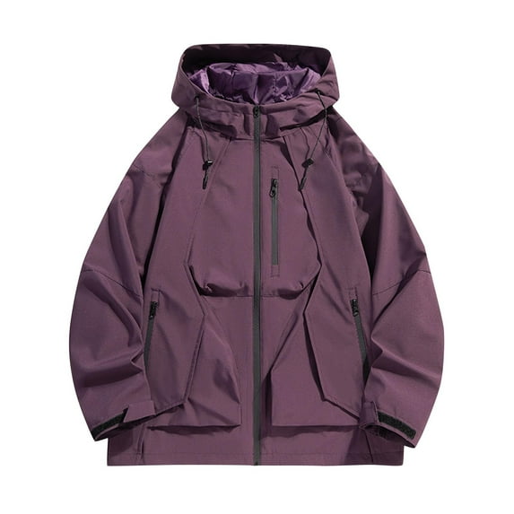 Windbreaker Jackets for Men Fashion Casual Solid Color Pockets Zipper Jacket Long Sleeve Hooded Casual Outwear Coat Men's Windbreakers Purple 6XL