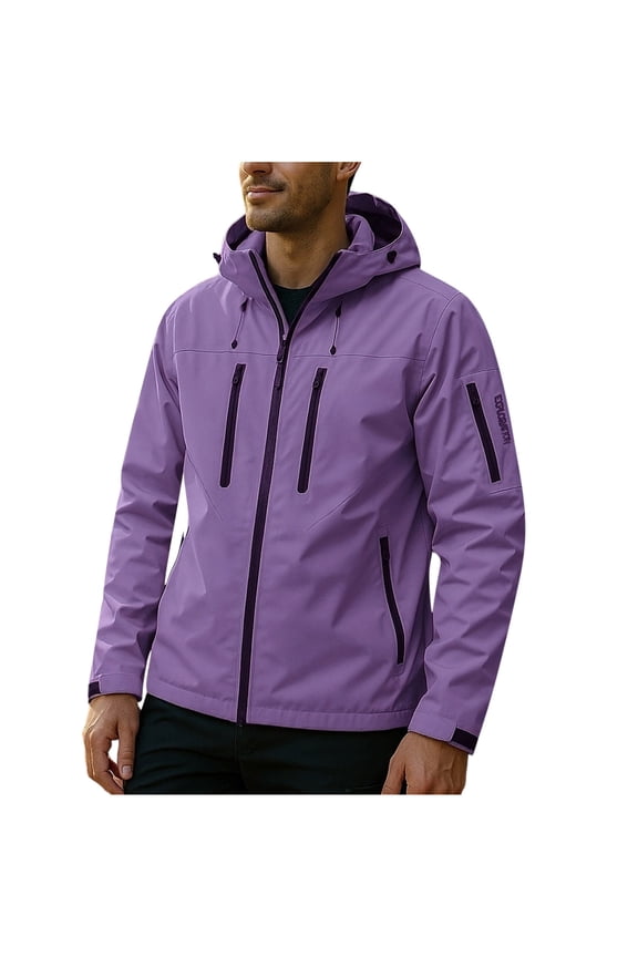 Windbreaker Jackets for Men Hard Shell Hooded Rain Jacket with Zipper Pockets Waterproof Adjustable Cuff Hiking Running Coat Purple L