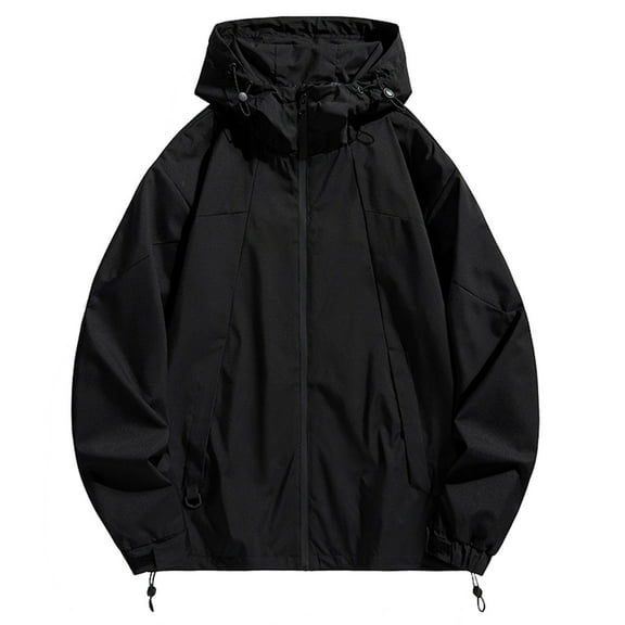 Windbreaker Jackets for Men Long Sleeved Hooded Zipper Drawstring Pocket Outdoor Jacket Coat Mens Windbreaker Jackets Black M