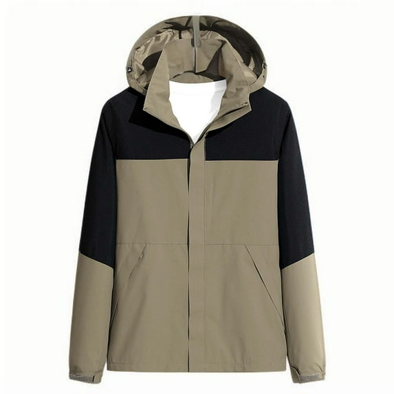 Windbreaker Jackets for Men Man Color Match Water Resistance Drawstring Pockets Hooded Outdoor Jacket Coat Men's Windbreakers Khaki 3XL