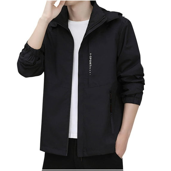 Windbreaker Jackets for Men Man Solid Color Mountaineering Easy Fashion Leisure Hooded Interchange Jacket Loose Coat Men's Windbreakers Black 3XL