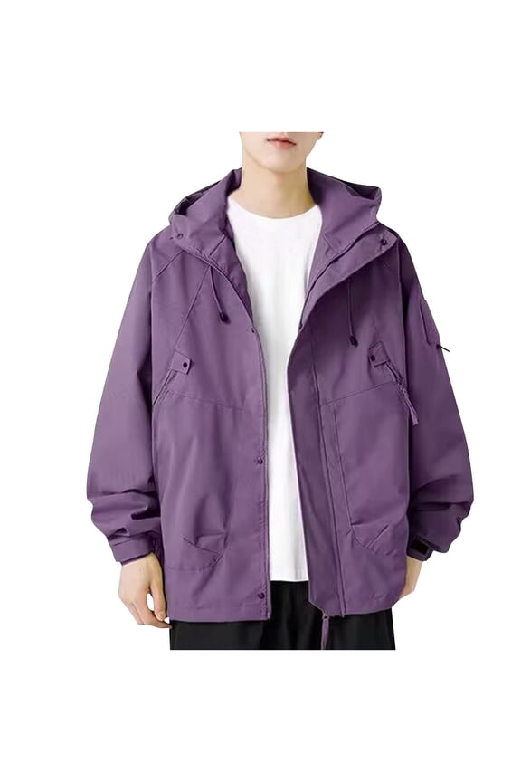 Windbreaker Jackets for Men Mid-Length Snap Placket Multi Flap Cargo Hooded Windbreaker Waterproof Snap Zip Front Outdoor Work Jacket Purple XL