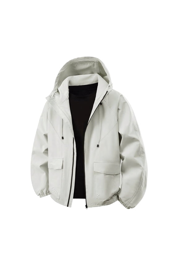 Windbreaker Jackets for Men Multi Flap Cargo Hooded Windbreaker Tear Resistant Elastic Cuff Hiking Street Jacket White S