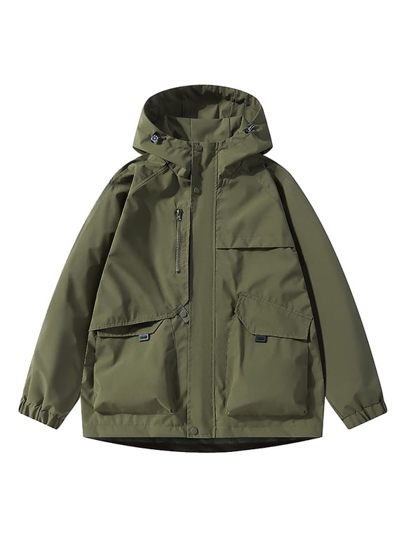 Windbreaker Jackets for Men Oversized Cargo Multi Pocket Hooded Outdoor Windbreaker Light Water Resistant Street Camping Jacket Olive Green M