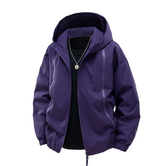 Windbreaker Jackets for Men Plain Hooded Windbreaker Full Zip Hidden Pockets Travel Hiking Jogging Jacket Purple S