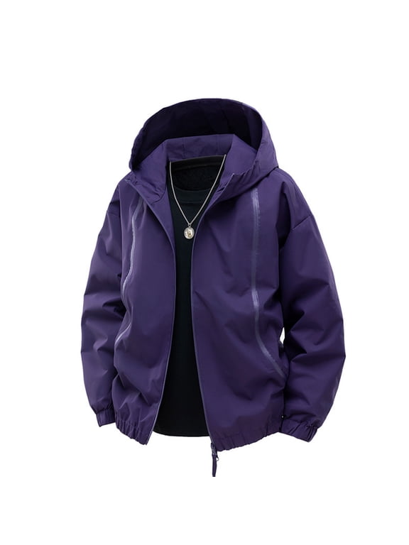 Windbreaker Jackets for Men Plain Hooded Windbreaker Full Zip Hidden Pockets Travel Hiking Jogging Jacket Purple S