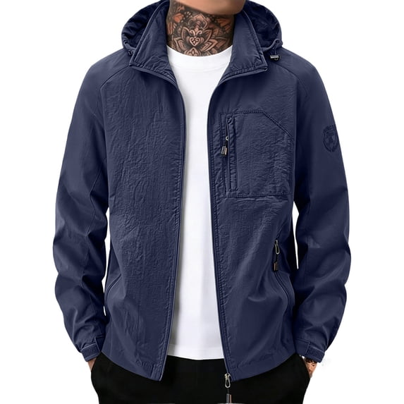 Windbreaker Jackets for Men Stand Collar Outdoor Windbreaker Stretch Hood Hiking Commute Jacket with Chest Zipper Pocket Dark Blue M
