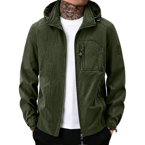 Windbreaker Jackets for Men Stand Collar Outdoor Windbreaker Stretch Hood Hiking Commute Jacket with Chest Zipper Pocket Olive Green 2XL