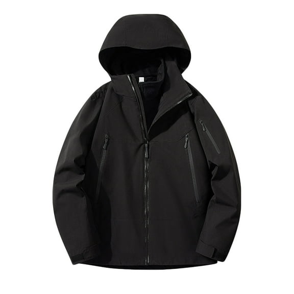 Windbreaker Jackets for Men Winter Casual Solid Hooded Zipper Pockets Long Sleeve Coat Jacket Mens Windbreaker Jackets Black 2XL