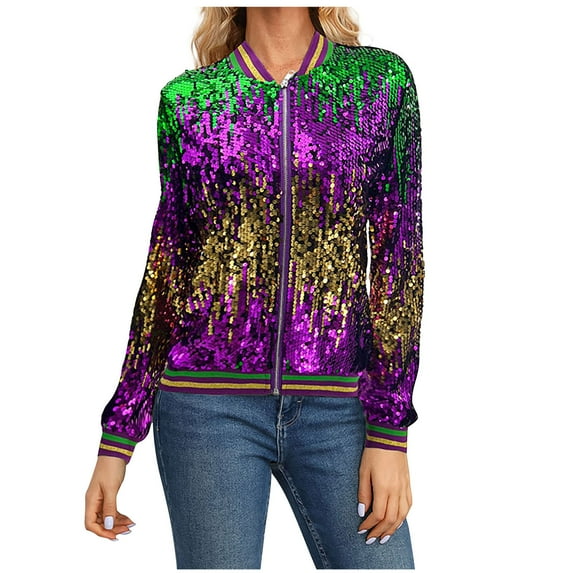 Windbreaker Ladies Jacket Lightweight Womens Sequin Jacket Casual Long Sleeve Stand Collar Jackets Zipper Party Basetball Blazer Coats S-135 Purple XL