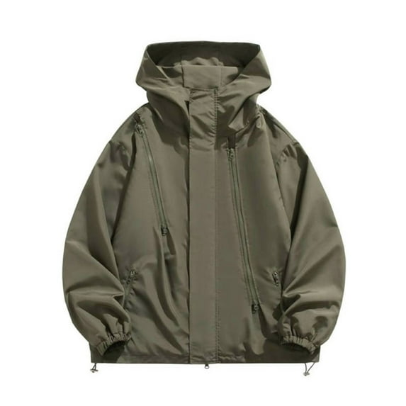 Windbreaker Men ManSolid Color Water Resistance Drawstring Pockets Hooded Outdoor Jacket Coat Windbreaker Front-Zip Jacket Army Green 4XL