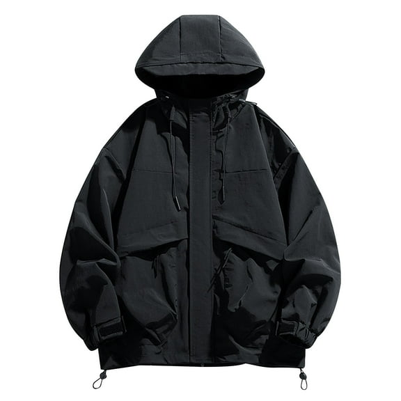 Windbreaker Men Unisex Long Sleeves Hooded Patchwork Zipper Outdoor Workwear Trench Coat Black M Windbreaker Front-Zip Jacket