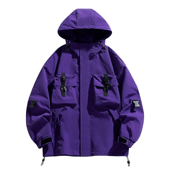 Windbreaker Men Windbreaker Front-Zip Jacket Fashion Long Sleeves Hooded Solid Zipper Cardigan Outdoor Workwear Trench Coat Purple M