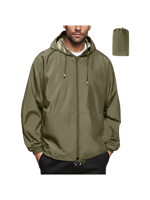 Windbreaker Waterproof Shell Jacket for Men Long Sleeve Zip Up Hoodie Top Coat with Storage Bag Dad Gifts