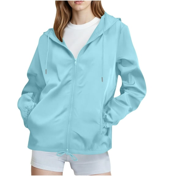 Windbreaker for Women Fashion Golf Travel Waterproof Trench Coat Active Outdoor Hooded Casual Lightweight Rain Jacket Zipper Rain Coat Hiking Loose Sky Blue XXL