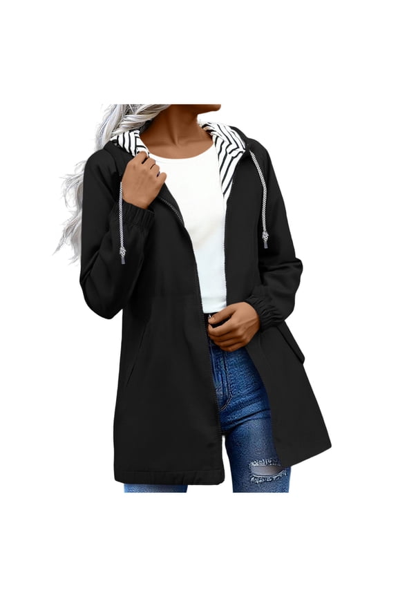 Windbreaker for Women Zipper Rain Coat Hiking Waterproof Fashion Golf Travel Loose Trench Coat Lightweight Rain Jacket Active Outdoor Hooded Casual Black L