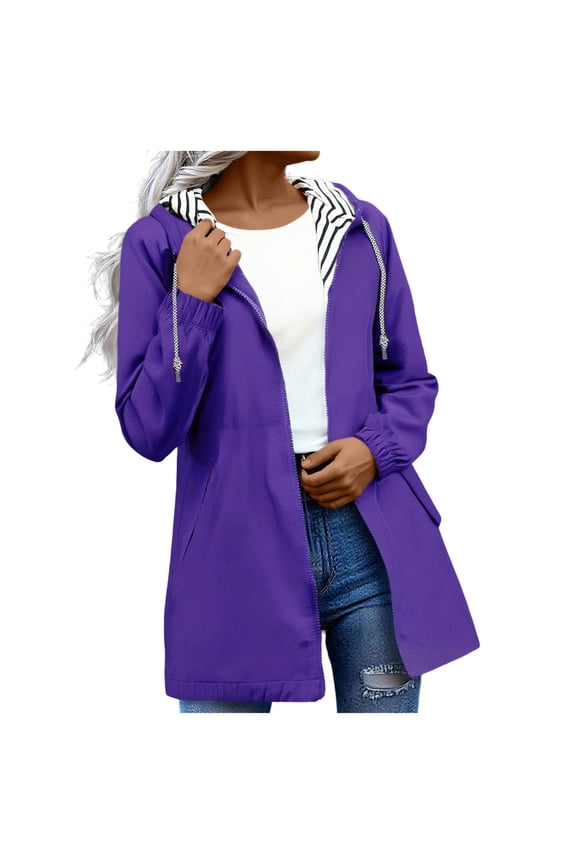 Windbreaker for Women Zipper Rain Coat Hiking Waterproof Fashion Golf Travel Loose Trench Coat Lightweight Rain Jacket Active Outdoor Hooded Casual Purple M