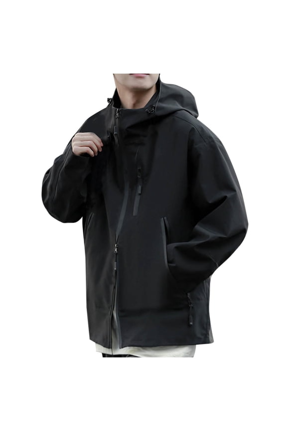 Windbreakers for Men Man Solid-Color Large-Pocket Zipper Windproof Outdoor Climbing Mountain Water Windproof Long Sleeve Hooded Outwear Jacket Black L Men's Windbreaker Jacket