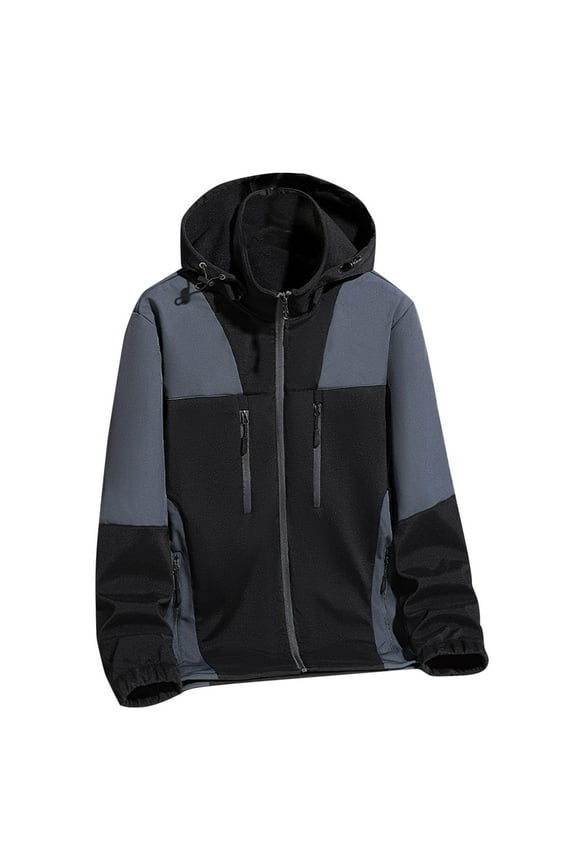 Windbreakers for Men Man Solid-Color Outdoor Fleece Waterproof Splicing Soft Zipper Pocket Long Sleeve Hooded Detachable Mountaineering Jacket Black 5XL Men's Windbreaker Jacket