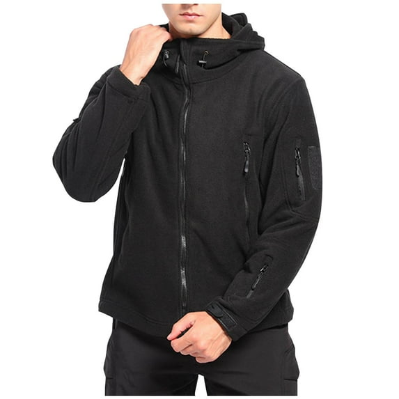 Windbreakers for Men Man Solid-Color Plush Multi-Pocket Zipper Outdoor Sports Charging Warm Long Sleeve Hooded Outwear Jacket Black XL Mens Windbreaker