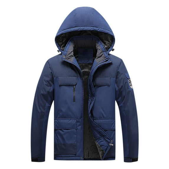 Windbreakers for Men Casual Patchwork Thicken Multi Pocket Hooded Zipper Windproof Breathable Jacket Dark Blue 2XL Windbreaker Jacket Men's